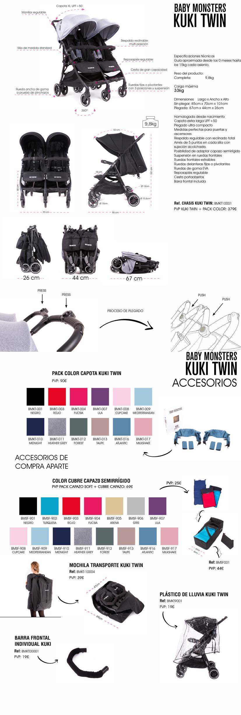 Silla de paseo gemelar Kuki Twin + Capotas